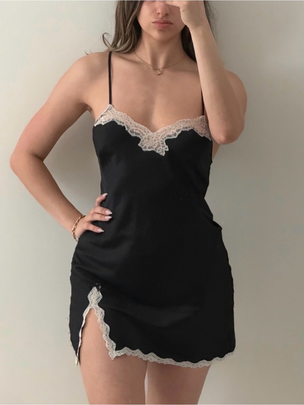 Victoria’s Secret Black Satin Lace Slip Mini Dress S